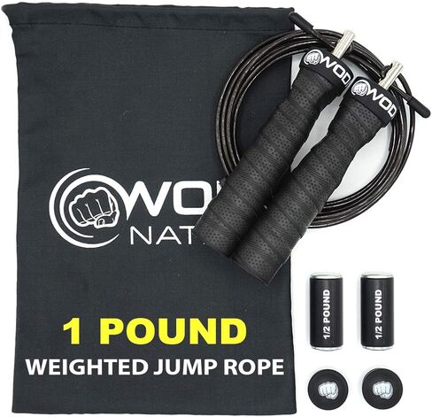 حبل القفز الموزون من WOD Nation للنساء والرجال - مقابض حبل القفز الثقيلة ذات السرعة العالية القابلة للتعديل بوزن 1 رطل مع أوزان قابلة للإزالة، 4 كروس فيت، تدريب متقاطع، ملاكمة. in Saudi Arabia