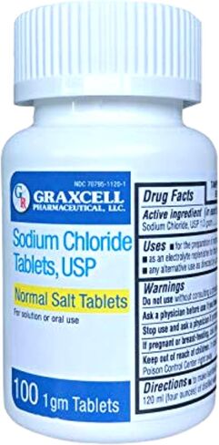 Sodium Chloride Tablets 1gm | Electrolyte Salt Pills for POTS Syndrome and Dysautonomia Support | Rapid Rehydration, Natural Ingredients | (15.4gr.) | 100 Count | Made in The USA in Saudi Arabia