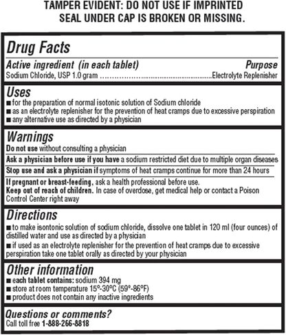 Sodium Chloride Tablets 1gm | Electrolyte Salt Pills for POTS Syndrome and Dysautonomia Support | Rapid Rehydration, Natural Ingredients | (15.4gr.) | 100 Count | Made in The USA in Saudi Arabia