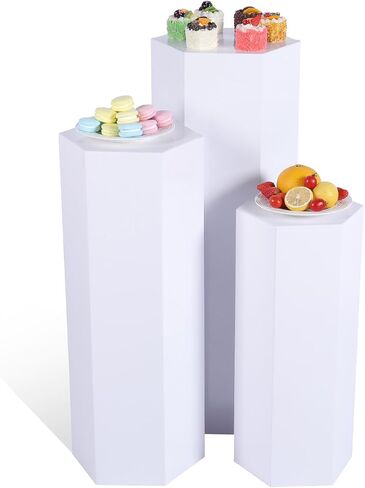 Hexagonal Pedestal Stands - Set of 3 Metal Display Pedestal Stand, Wedding Pedestal Stand, Display Pillars for Parties, White Cake Pedestal Stand (35.4in, 29.6in, 23.6in Tall) in Saudi Arabia