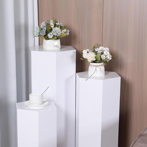 Hexagonal Pedestal Stands - Set of 3 Metal Display Pedestal Stand, Wedding Pedestal Stand, Display Pillars for Parties, White Cake Pedestal Stand (35.4in, 29.6in, 23.6in Tall) in Saudi Arabia