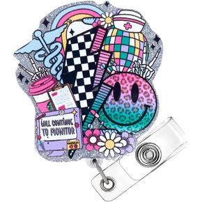 Nurse Badge Reel Holder Retractable Clip Pink Smiley Funny Fun Cool Retro Cute ID Name Card Tag Reels for Nurses Nursing Student RN CNA LPN MA Medical Hospital Week Gifts Supplies Accessoires