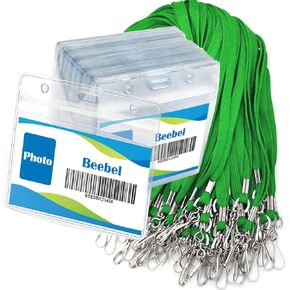 Beebel Lanyard with Waterproof ID Card Holder 50Pcs Clear Plastic Horizontal Name Tags Badge ID Card Holders and 51Pcs Lanyards with Swivel J Hook(Blue)