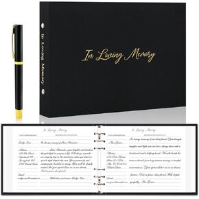 Funeral Guest Book for Memorial Service, Linen Celebration of Life Guest Book with Pen, Loose-Leaf in Loving Memory Funeral Registry Sign in Book for Honoring Loved Ones, 10’’ * 7.5’’ (Black)
