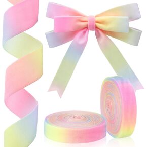 Pastel Velvet Ribbon 1 Inch Rainbow Satin Craft Ribbon Multicolor Ribbon for Gift Wrapping Wedding Birthday Party Decoration Making Hair Bows 10 Yards