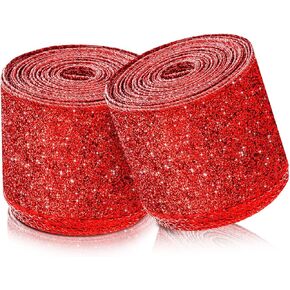 2 Rolls 20 Yards Christmas Ribbon Metallic Glitter Ribbon Wired Edge Decorative Fabric Ribbons for Party Wrapping Home Decorations Wedding Birthday DIY Crafts 2.5 Inch (Gold)