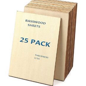 Unfinished Wood Pieces,25Pcs Basswood Sheets 1/16,Thin Plywood Wood Sheets for Crafts,Perfect for DIY Projects, Painting, Drawing, Laser, Wood Engraving, Wood Burning and CNC Cutting(150x100x1.5mm)