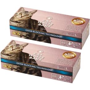 BOS Odor-Sealing Cat Poop Bags for Pet Waste & Kitty Litter - Disposal Bags - Scent & Smell Free[Size: L, Color: Light blue] (60 count, Pack of 2)★Brand-new packaging!! ★NOT a litter box liner