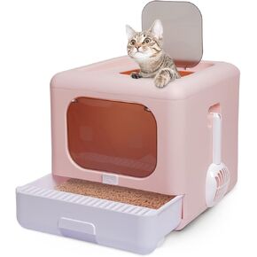 Foldable Enclosed Cat Litter Box, Cat Potty with Front Door & Top Entry, Pull-Out Drawer Type, Cat Toilet with Lid, Easy Cleaning and Anti-Splashing Cat Litter Tray with Plastic Scoop (Pink)