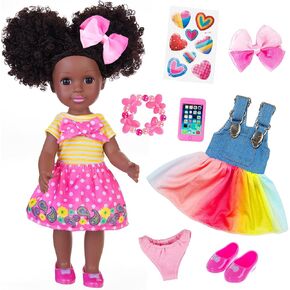 ZITA ELEMENT 14.5 Inch Silicone Black Doll Set Black African Baby Doll with Yellow Striped T-Shirt, Colorful Dress and Other Accessories as A Delightful Gift for Girls