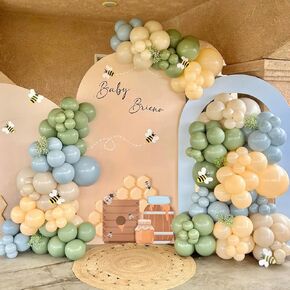 156pcs Blue and Yellow Balloon Arch Kit, Pastel Balloons with Blue Yellow Sage Green Sand White Balloons for Classic Bear Themed Baby Shower Wedding Birthday Party Decorations