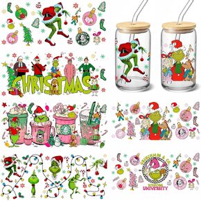 UV DTF Cup Wraps Sticker - 6 Sheets Christmas Grinchs Rub on Transfers for Crafts for Glass 16 oz, UV DTF Transfer Sticker, Creative Festival Decoration