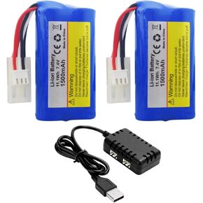 sea jump 2PCS 2S 7.4V 1500mAh Li-ion Battery with 2in1 Charger Suitable for HJ806 TX125 Remote Control Ship Battery RC Toy Model Ship Speedboat Battery KET-2P Plug