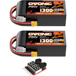 OVONIC Lipo Battery 11.1V 120C 1300mAh 3S RC Battery with XT60 Plug for FPV Racing Drone Quadcopter Helicopter Airplane RC Boat RC Car RC Models(2 Pack)(with Lipo Voltage Checker)