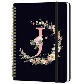 Initial A5 Spiral Notebooks, 8.3'' × 5.8'', 160 Pages, Personalized Aesthetic Journaling Notebooks for Women, College Lined Notebook with Elastic Closure, Back Pocket, for School Office, Black J