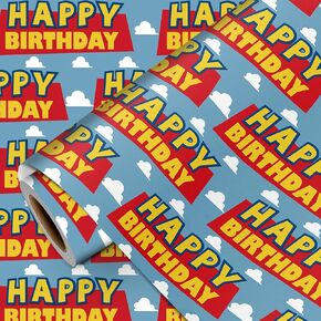 Cartoon Story Happy Birthday Wrapping Paper Roll - Mini Roll - 17 Inch x 33 Feet - Blue Sky White Clouds Gift Wrap Paper for Kids Boys Girls Birthday Baby Shower Party Supplies