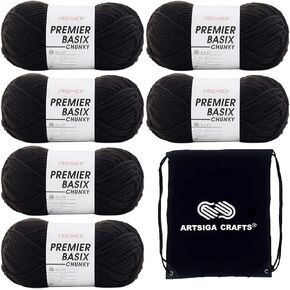 Premier Yarns Basix Chunky Black 1145-42 (6-Skeins - Same Dye Lot) Chunky Bulky #5 Acrylic Yarn for Crocheting and Knitting with Project Bag