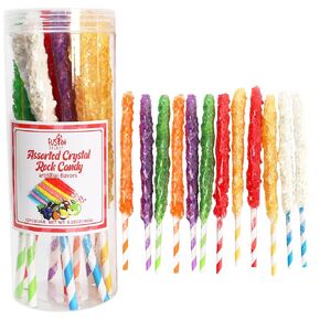 الانصهار Select 24 Crystal Rock Candy Sticks - Sweet Hard Sugar Lollipop مع نكهات قوية - متنوعة كبيرة من الحلوى ملفوفة بشكل فردي - تعامل بوفيه ملون ومفضلات للحفلات للأطفال