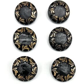 Black Jet Glass with Gold Frame Buttons Set 6 pc 3/4" inch