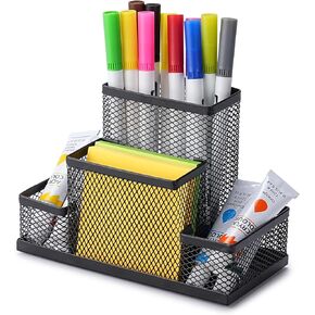 Huron Pen Holder and Desk Organizer Caddy ، 4 مقصورة تخزين لأقلام أقلام الملاحظات اللاصقة الملحقات مكتب المكتب للمكتب المنزلي ، Black Steel Mesh (1/4/24/96) (1 PC)
