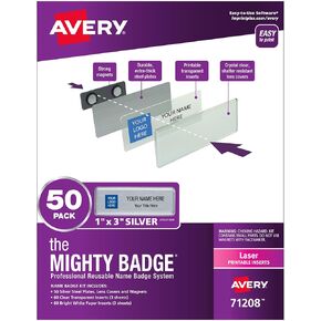 The Mighty Badge by Avery, 1" x 3" Silver Name Tags, 10 ID Badges, 80 Inserts for Laser Printers (71206)