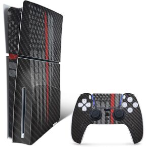 MightySkins Carbon Fiber Skin for PS5 Playstation 5 Slim Disc Edition Bundle - Thin Red Line Protective, Durable Textured Carbon Fiber Finish Easy to Apply Made in The USA