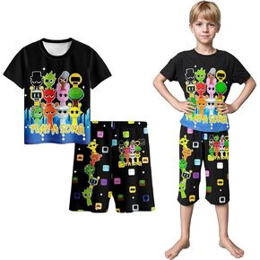 Boys Girls Sprunki Tshirts and Pants 2Pcs Sets Kids Music Game Tee Pants Sets for 5-12Y Adventure Casual Child Clothes