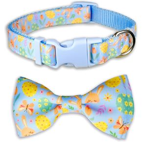 Easter Dog Bow Tie and Collar Set - Adjustable Puppy Collar with Festive Easter Bunny and Egg Print - Cute and Durable Pet Accessory for Small, Medium, Large Dogs