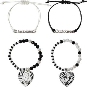 LUV HER Disney Alice in Wonderland Friendship Bracelet Set - 2 Beaded Heart Charm Bracelets - Best Friend/Sibling Gifts - Elastic Fit for Kids 3+ - Alice & Cheshire Cat Designs - Themed Gift Packaging