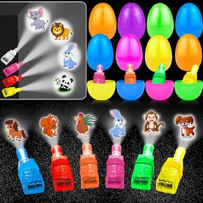 24 Pack Easter Eggs Prefilled with Light Up Rings for Kids Easter Basket Stuffers Surprise Eggs Filler, Animal Pattern Finger Projector Lights Glow In The Dark Easter Toys for Boys Girls Easter Hunt