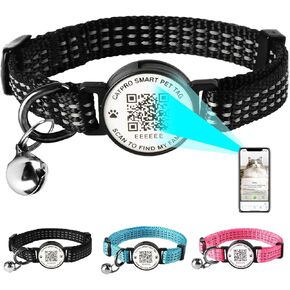 Smart QR Code Pet ID Personalized Tag Cat Collar, Reflective Nylon with Bell, Secure Breakaway, Comfortable, Durable - Suitable for Kittens-Black-S
