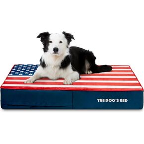 The Dog’s Bed Orthopedic Memory Foam Dog Bed, Large Blue & Red Trim USA Center Flag 40x25,Pain Relief for Arthritis, Hip & Elbow Dysplasia, Post Surgery, Supportive, Calming, Waterproof Washable