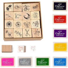 of 24 Pcs Rubber Stamp and Craft Ink Pad Set 16 Pcs Wooden Rubber Stamps 8 Pcs Ink Pad for Craft DIY Card and Scrapbooking