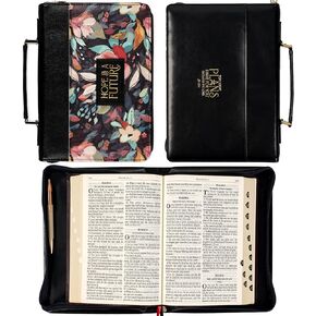 Christian Art Gifts Fashion Vegan Leather Bible Cover for Women: Hope and a Future Inspirational Bible Verse, Black Floral, Large