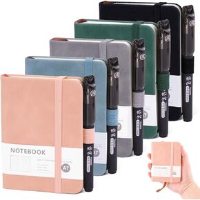 Pocket Notebook A7, Small Mini Notepad with Pens, Small Notebooks Pocket Size, Portable Leather Field Notes Journal Diary Lined Notebook with Elastic Band for School Office (200 Pages) (4PCS Black)