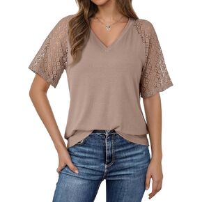 Dokotoo Tops for Women Trendy 2025 Short Sleeve Shirts V Neck Lace Tops Business Casual Blouses Tee Shirt