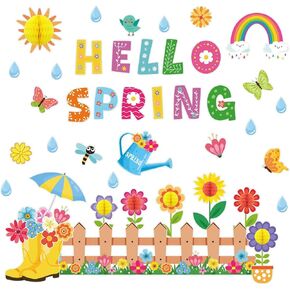 Hello Spring Bulletin Board Decorations – Inspirational Wall & Door Decor for Classroom, Spring Colorful Flower Butterfly Plants Cutouts with Glue, DIY Craft Projects