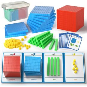 Math Manipulatives for Kids Aged 3+.Base Ten Blocks with Place Value Chart - Plastic Math Cubes&Cards to Help Educate Kindergarten Teachers.