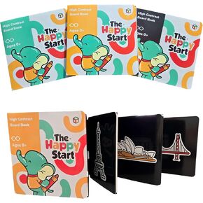 Happy Start Time Time Books for Babies - Book Book Book High على النقيض ، والكتب بالأبيض والأسود للحديدين حديثي الولادة ، وكتب الأطفال المعتمدة من المستشفى ، والوقوف على الكتب عالية التباين للحديدين الجدد من 0+ (3 عبوات)