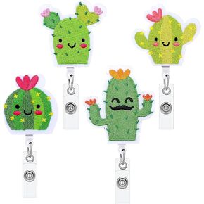4 Pcs Cute Badge Reels for Nurse Retractable Badge Reels with Clip Felt Nursing Badge Holder Cactus ID Name Badge Holder for Nurse Doctor Teacher Office School Worker Hospital (Cactus)