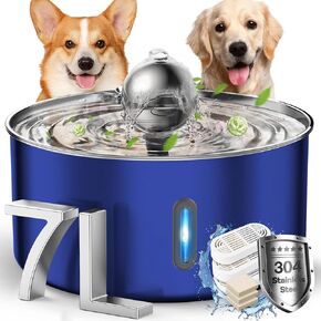 Dog Water Fountain,7L/1.8Gal/236oz Stainless Steel Dog Water Bowl Dispenser,Auto Pet Water Fountain with Spherical Fountain Spout,Ultra-Quiet Pump,5-Layer Filtered Water Fountain for Large Dogs