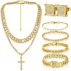 Yinkin 6 Pcs Hip Hop Jewelry Set for Men Rhinestone Link Chain Bracelet Earrings Tennis Diamond Jewelry Set for Men Gift