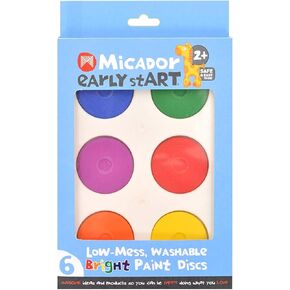 Micador Early Start Low-Mess Washable Paint Disc Set - 6 Bright Colors - Tempera Paint Discs - 45mm - Educational Art Activities - Ages 2+