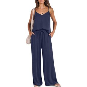Caracilia Womens 2 Piece Outfits Lounge Sets Summer Casual V Neck Tank Wide Leg Pants Matching 2025 Beach Travel Set
