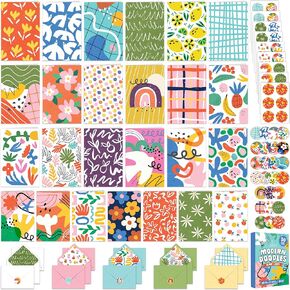 Decorably 50 Pack 4x6in Textured Modern Doodle Blank Cards with Envelopes and Stickers, 25 Fun and Stylish Designs Greeting Note Cards, Blank Inside - Birthdays