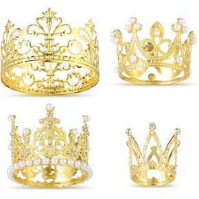 4 Pcs Mini Crown Cake Topper Gold Tiara Cake Topper Birthday Tiara Crown Crystal Pearl Princess Kueen Cake Crown Vintage Birthday Cake Topper Mini Gold Crown for Wedding Pet Birthday Flower Bouquets