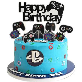 Video Game Cake Topper Video Game Birthday Cake Topper Glitter Blue Game Controller Happy Birthday Cake Topper Birthday Party Supplies for Game Fans, Kids and Men(11Pcs)