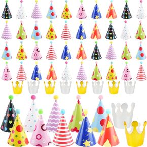 60 Pcs Birthday Party Hats Set Includes 50 Pcs Party Cone Hats with Pom Pom and 10 Pcs Birthday Paper Crown for Birthday Holiday Party Supplies, 12 Styles