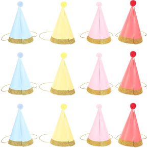 Amosfun 12pcs Party Hats Birthday Party Cone Hats with Pom Poms Rainbow Themed Paper Hats for Baby Shower Bridal Shower Party Decorations