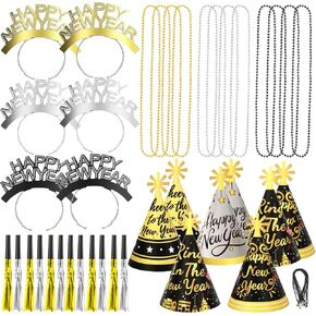 HOWAF 2025 New Year Eve Party Supplies 2025 NYE Decorations Kit - Include Happy New Year Headband Cone Hats Party Blowouts Black Gold Silver NYE Party Favors New Years Eve Accessories Kit, 38 Pieces